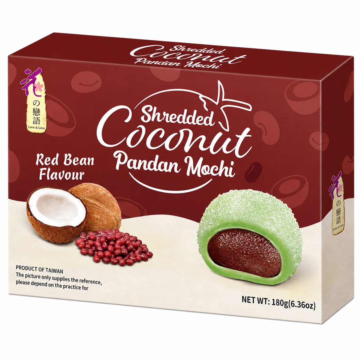 [EAN:4712928344642] LOVE&LOVE Shredded Coconut Pandan Mochi - Red Bean 180g