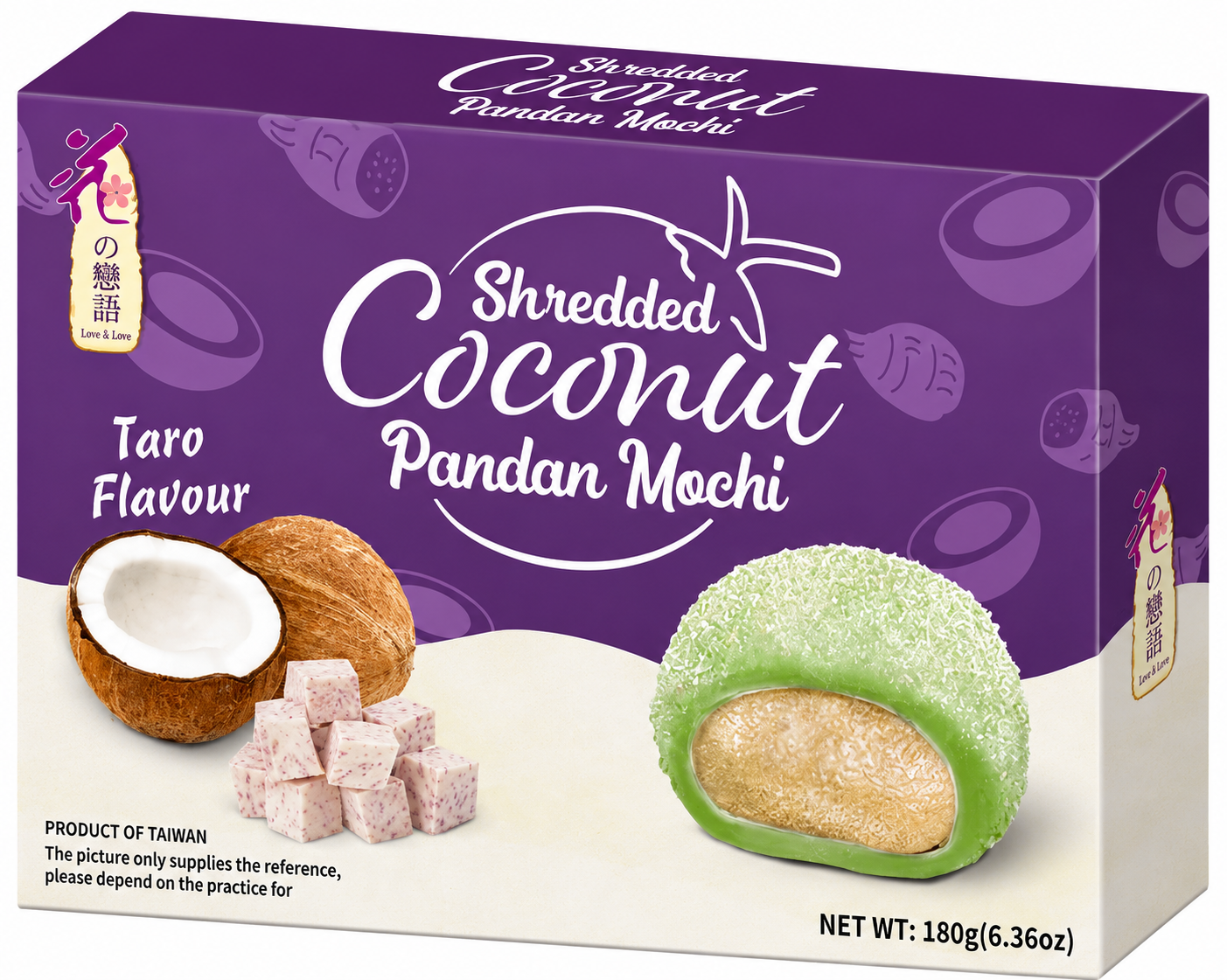 [EAN:4712928344635] LOVE&LOVE Shredded Coconut Pandan Mochi - Taro Flavour 180g